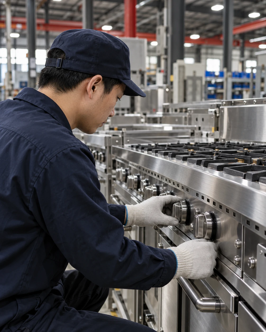 Illustrative technician inspecting stainless steel cooking equipment on an assembly floor