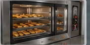 Commercial convection oven with trays of baked food