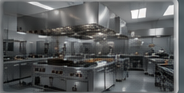 Stainless steel cooking line beneath extraction hoods in a commercial kitchen