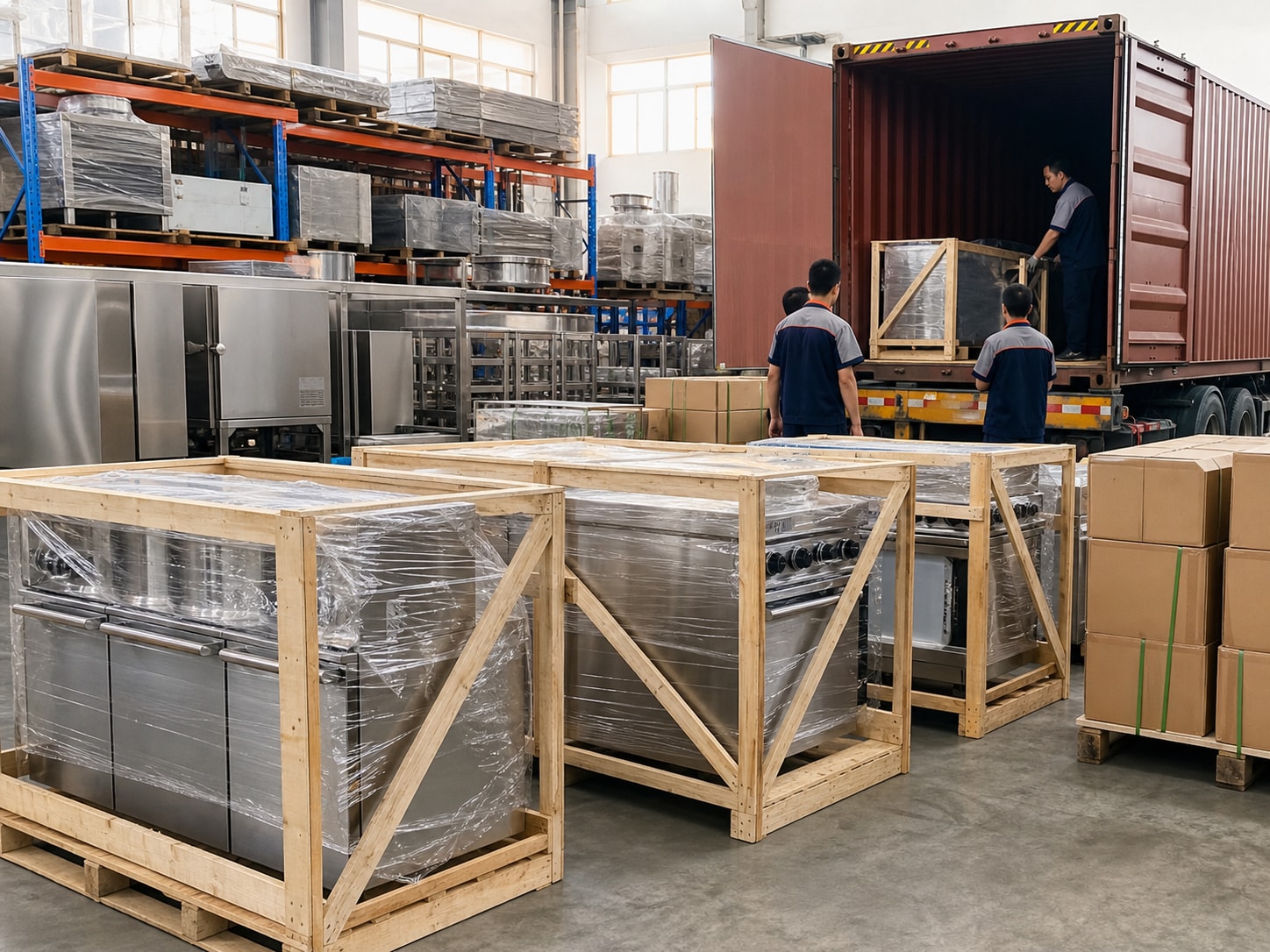 Packed equipment prepared for warehouse loading