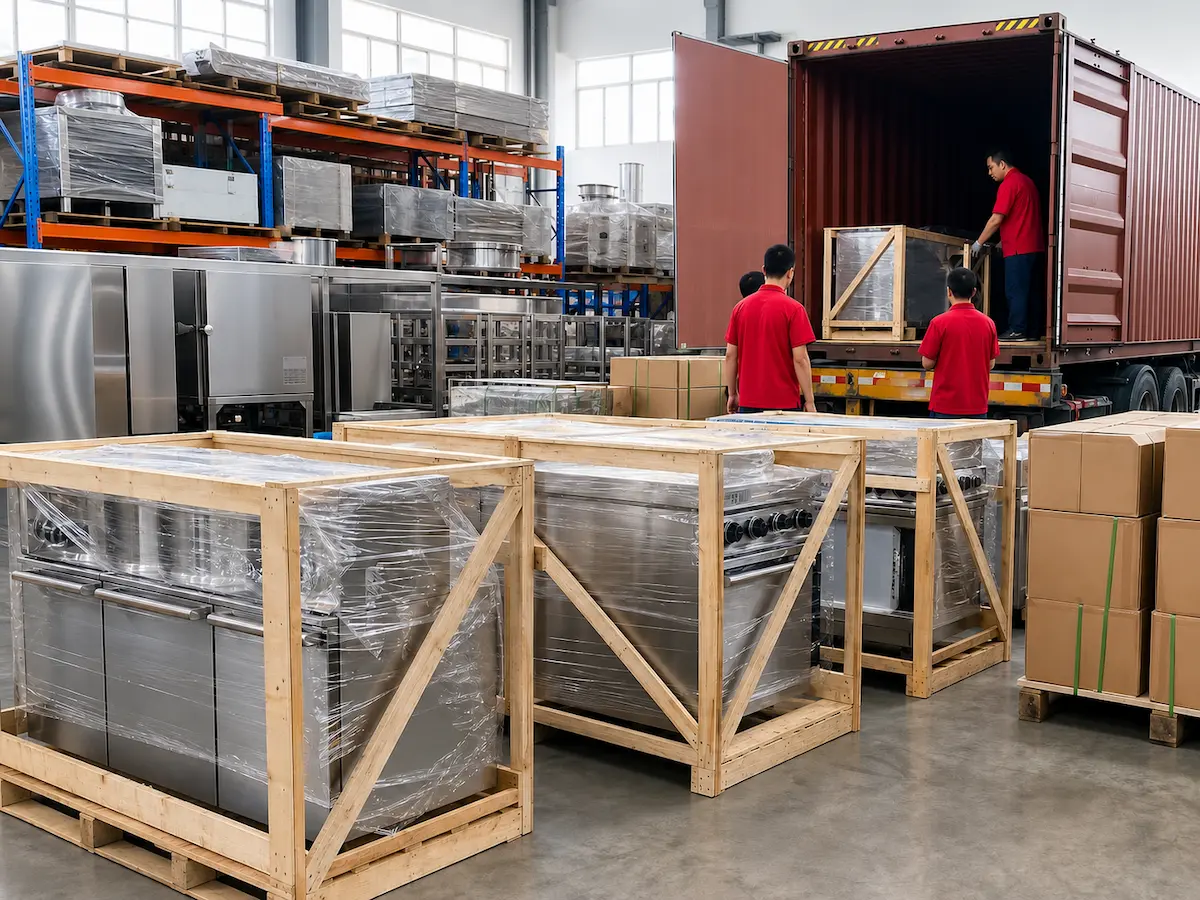 Packed commercial kitchen equipment prepared for loading