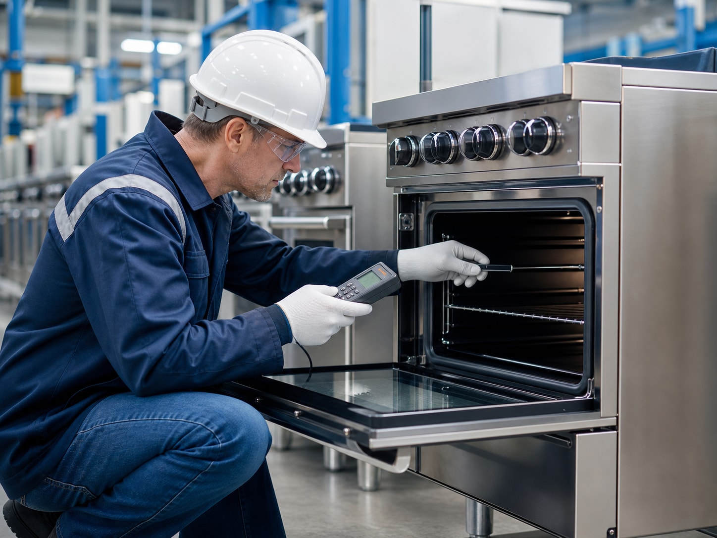 Worker inspecting commercial kitchen equipment