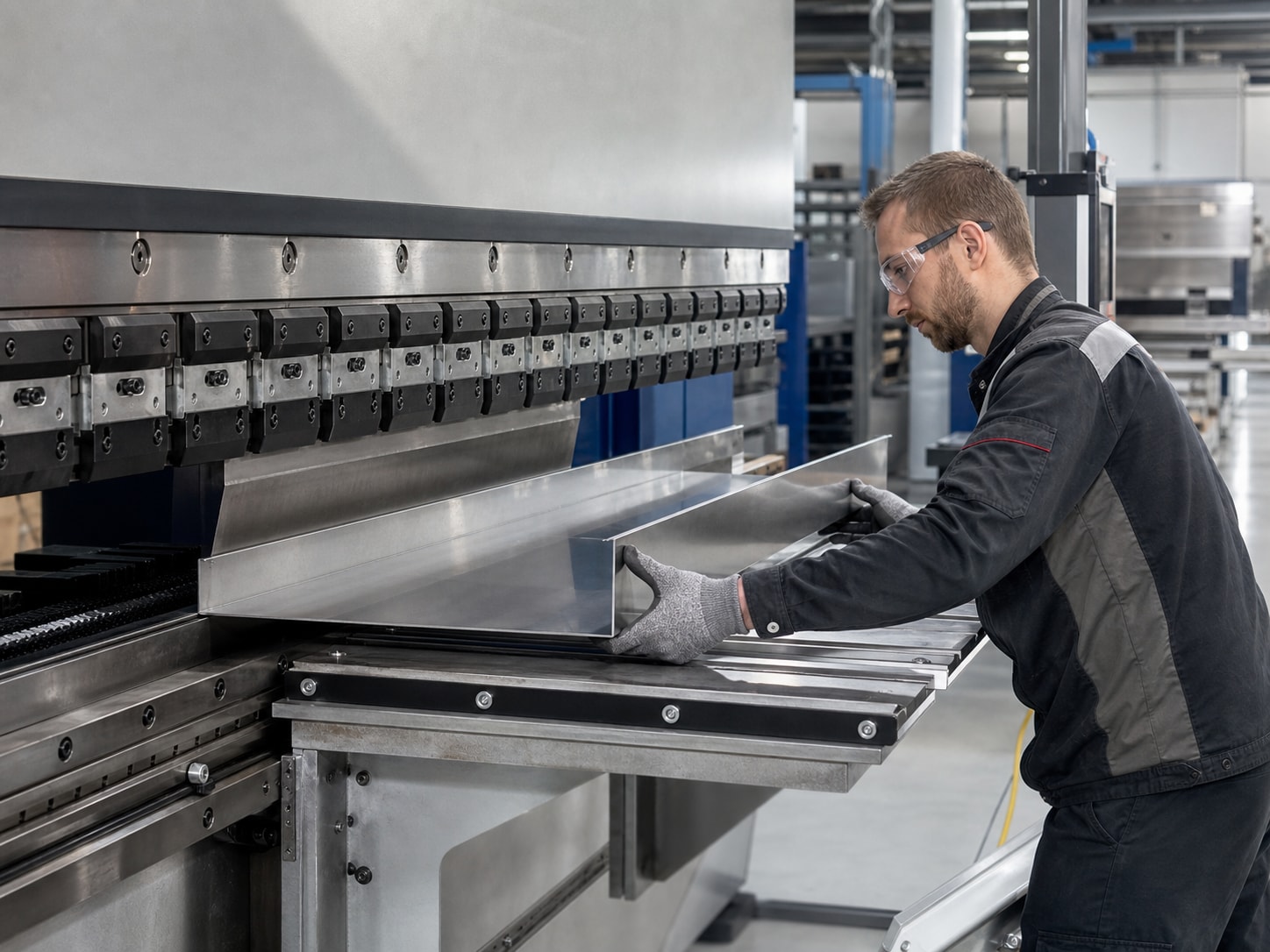 Stainless-steel commercial kitchen equipment fabrication in a production workshop