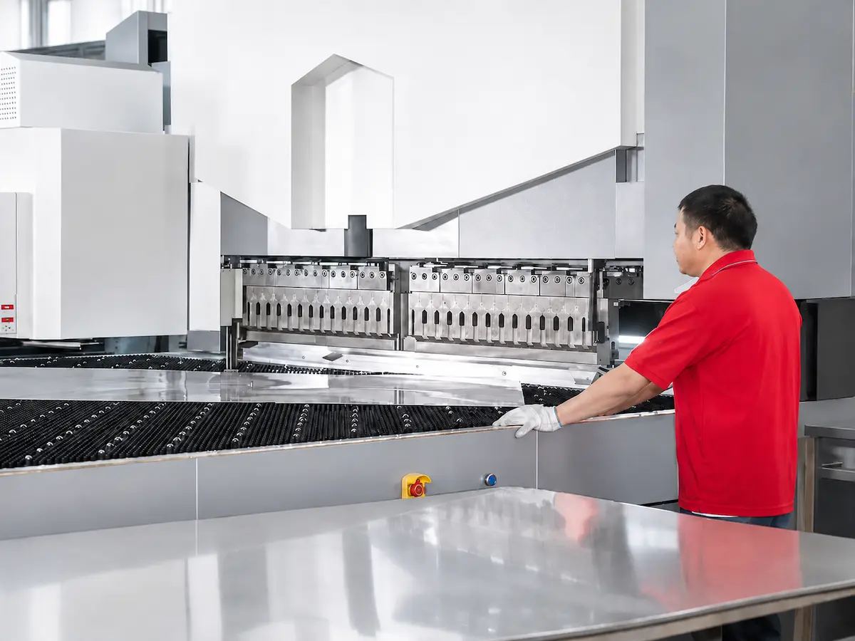Worker forming a stainless steel component with industrial equipment