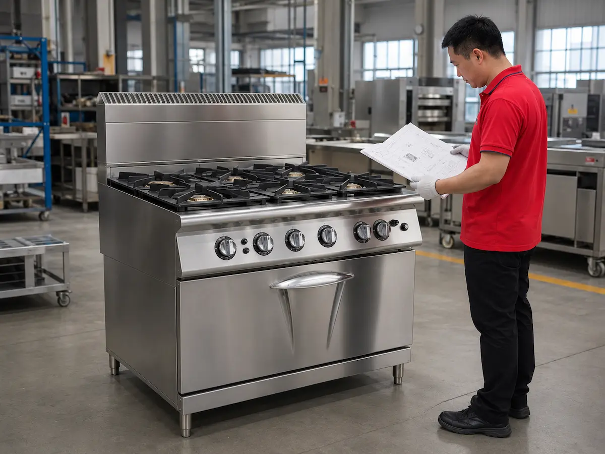 Commercial kitchen equipment arranged in a professional kitchen