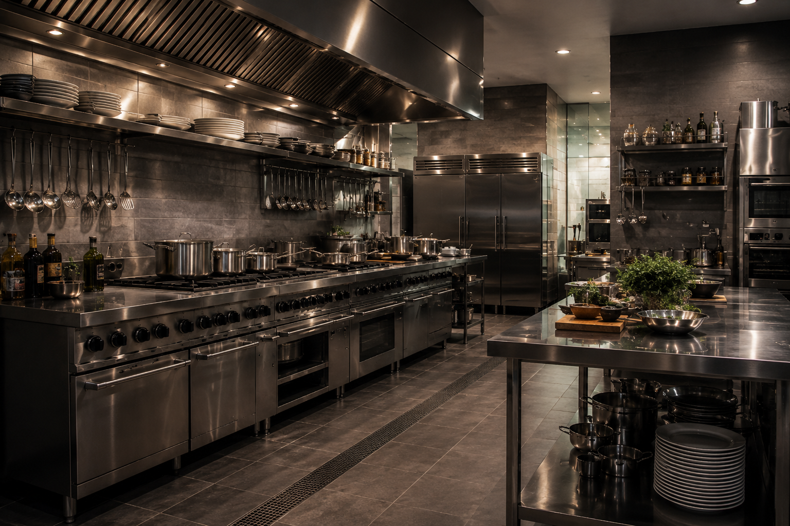 Commercial kitchen equipment arranged in a professional kitchen