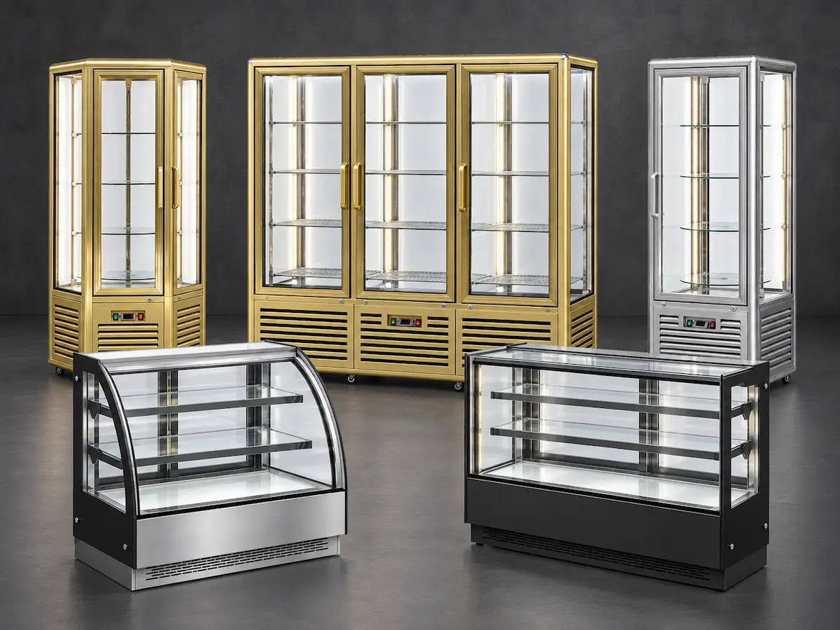 Commercial bakery display case range with rectangular, curved-glass and vertical refrigerated showcase models