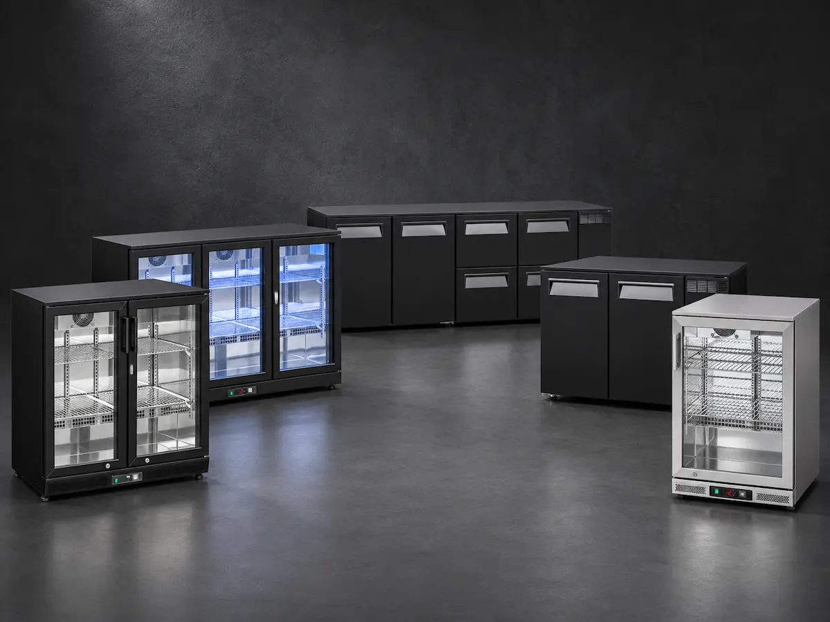 Commercial bar refrigeration range with swing-door, sliding-door and drawer-type bar coolers