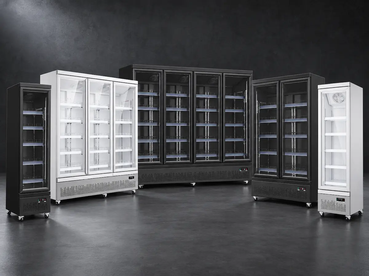 Commercial beverage refrigerator range with glass-door chiller and freezer models
