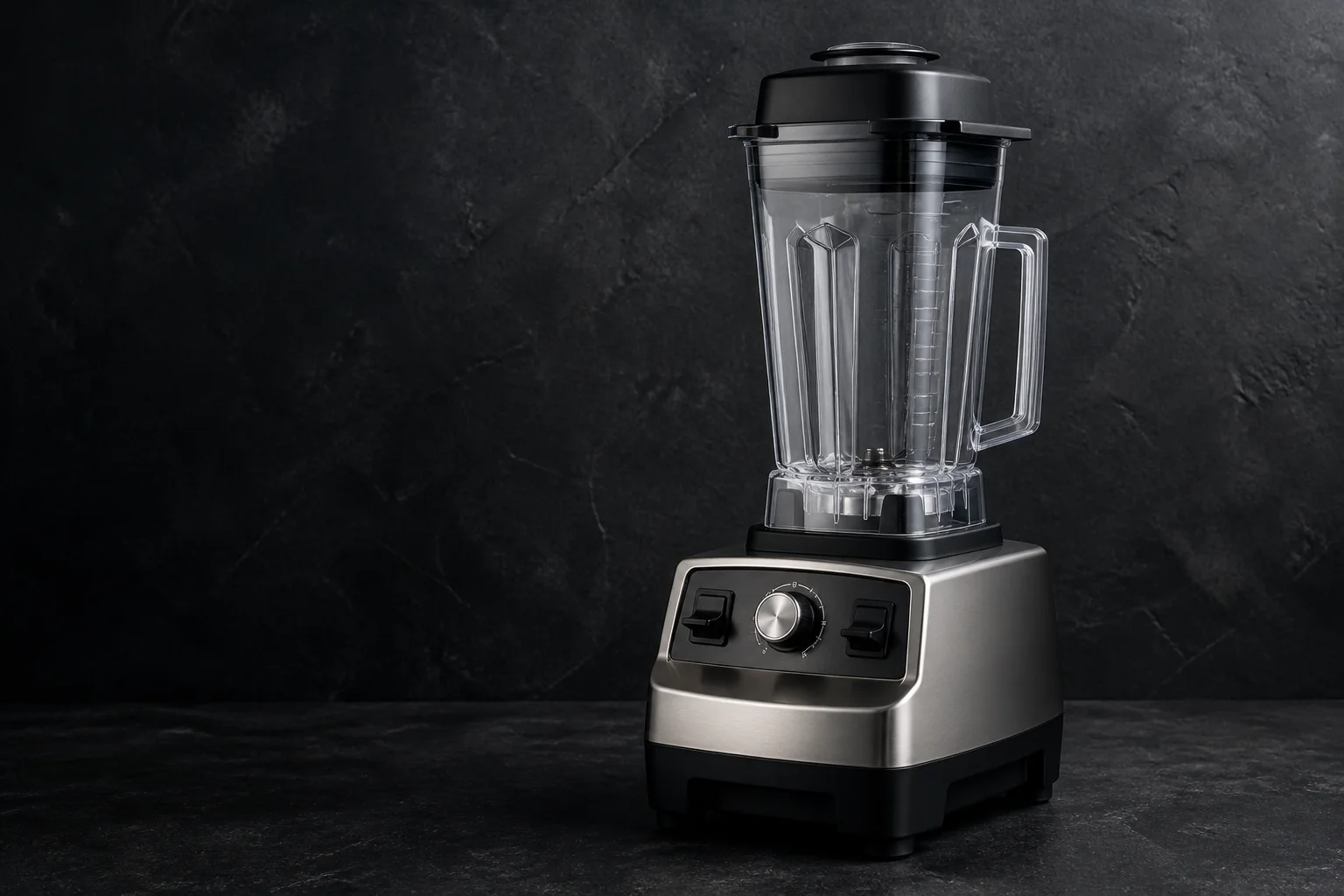 Professional commercial countertop blender with stainless-steel base and removable clear vessel on a dark technical studio surface