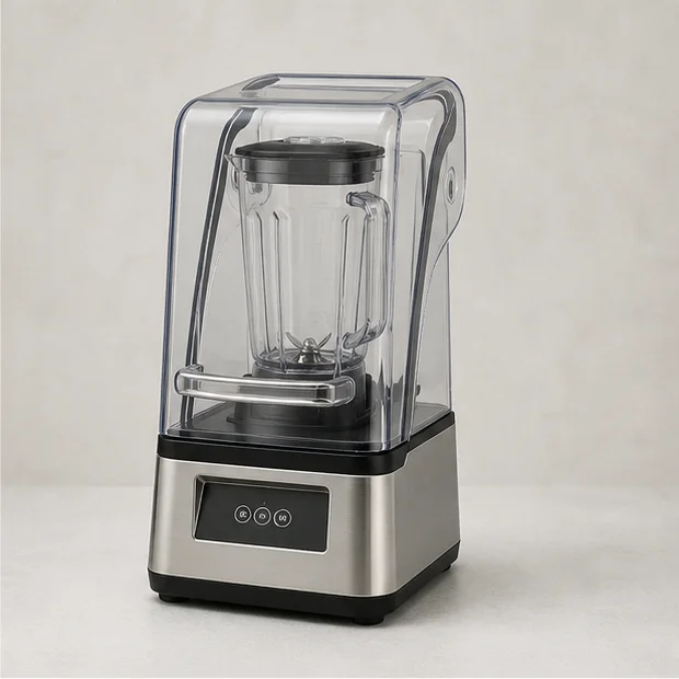 Covered commercial blender configuration representing processing and control review