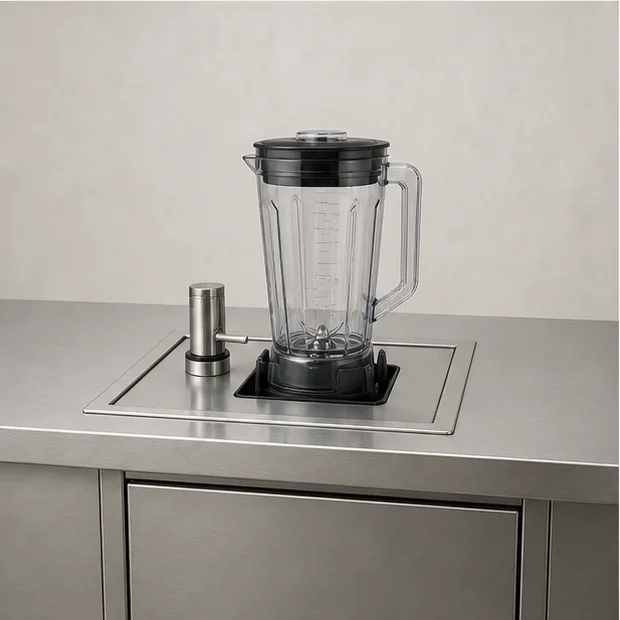 In-counter commercial blender workstation representing discharge, cleaning, access, and placement review