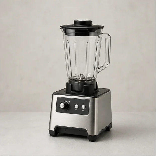 Open-counter commercial blender with stainless-steel base and removable clear vessel