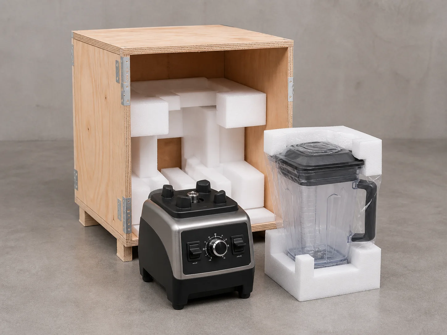 Commercial Blender base and removable vessel protected beside an export packing crate