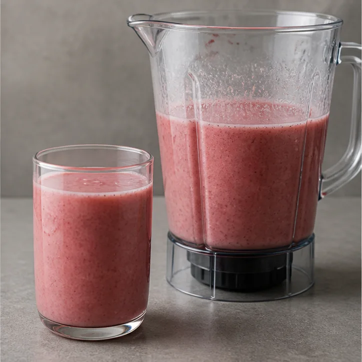 Uniform blended beverage in a clear vessel and serving glass for consistency review