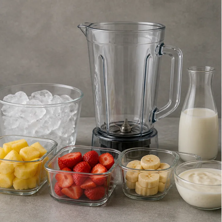 Prepared fruit, liquid, ice, and an empty commercial blender vessel arranged for loading review