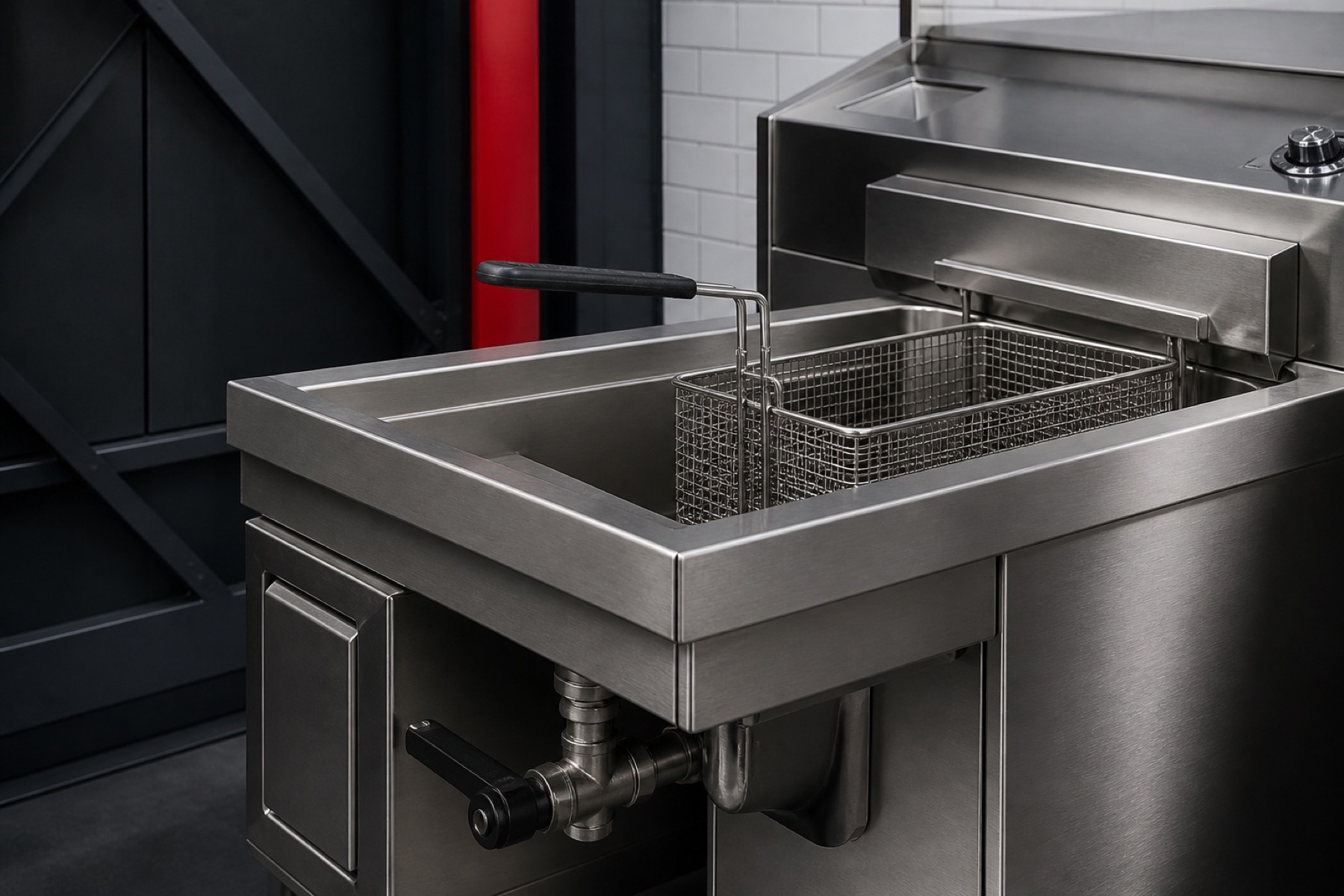 Close technical view of a stainless-steel commercial fryer well, basket, and drain hardware