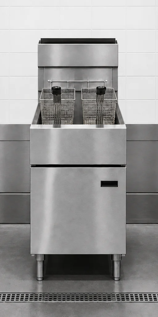 Floor-standing open commercial fryer representing the floor equipment path