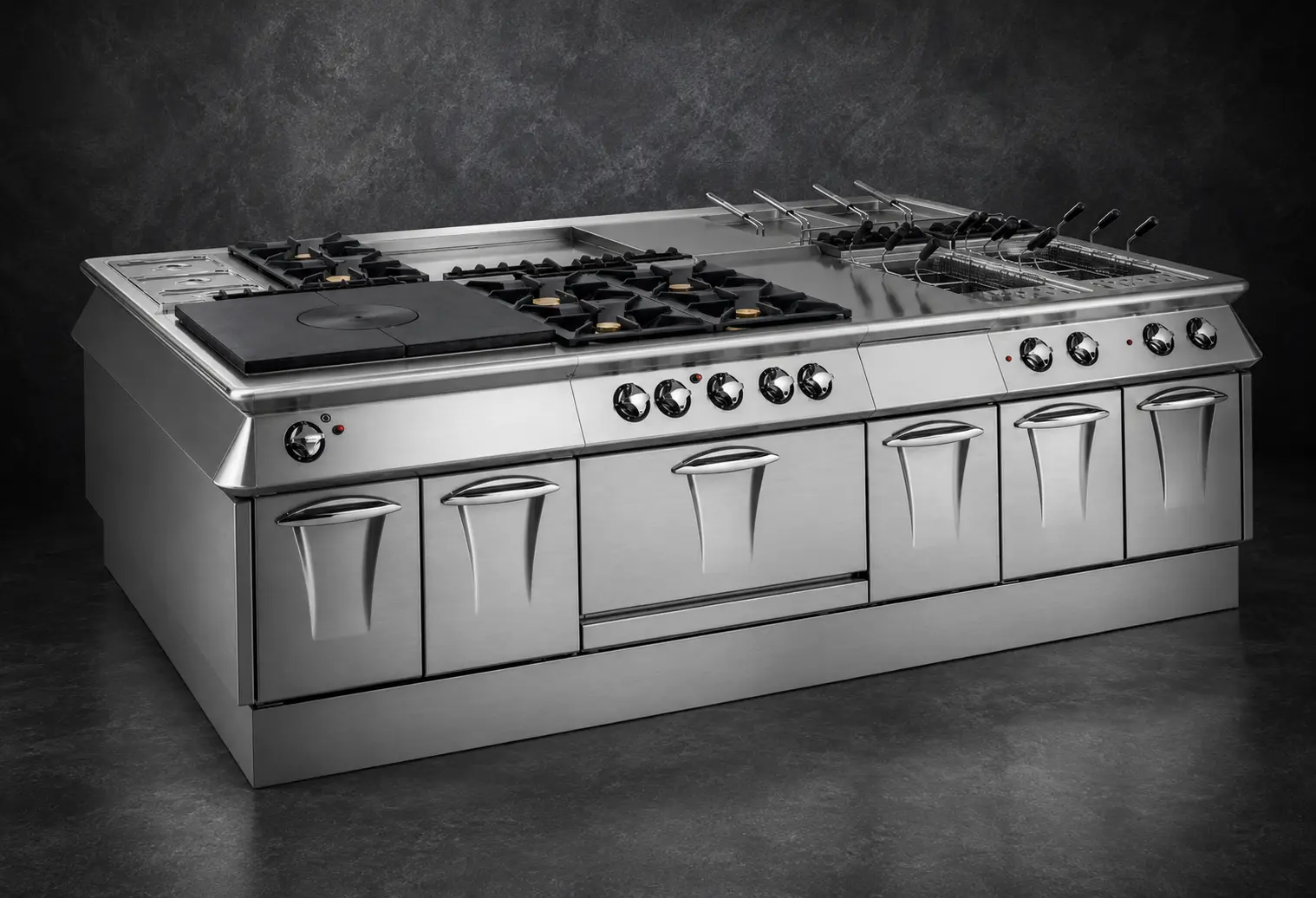 Commercial restaurant range with gas, electric and induction cooking equipment
