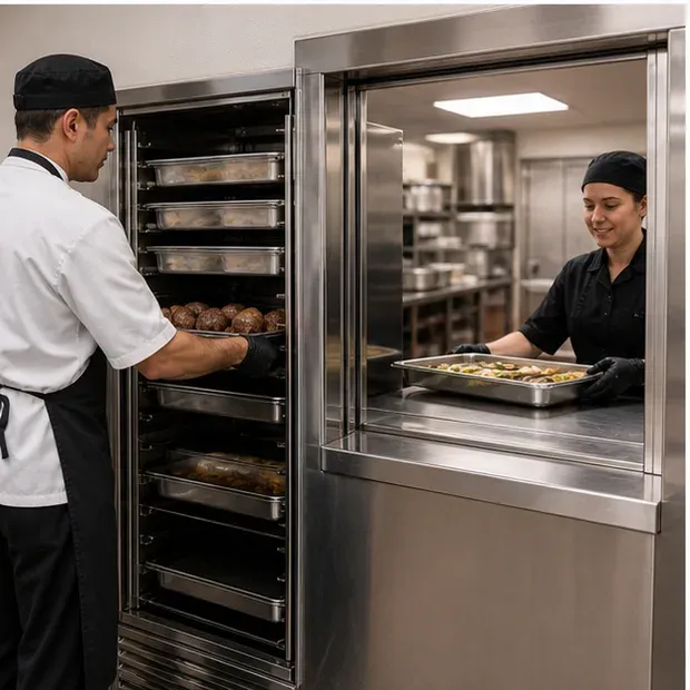Commercial holding cabinet in a production-to-service setting representing destination confirmation