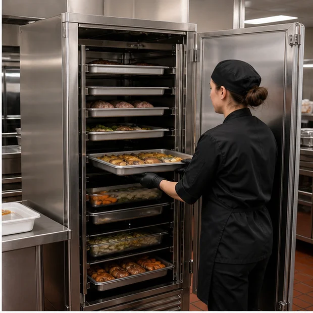Operator rotating prepared food trays in a commercial holding cabinet for qualitative candidate review