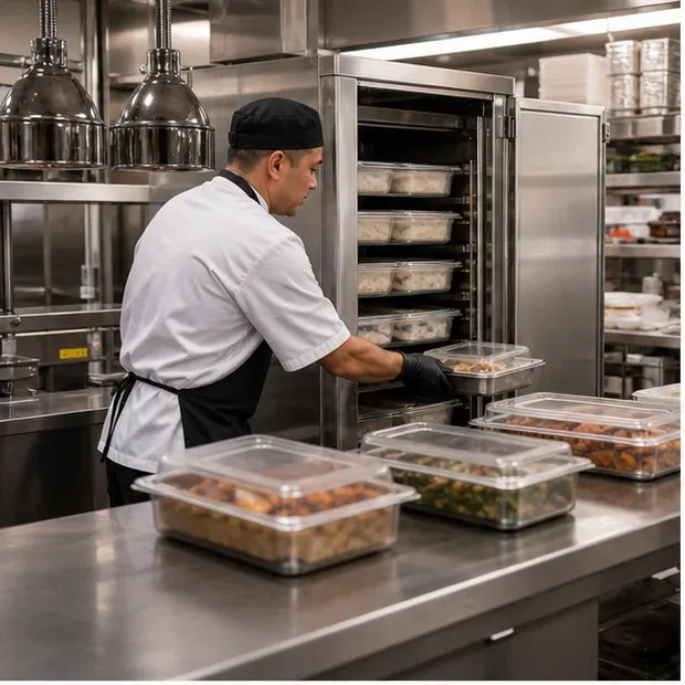 Prepared covered food pans arriving from production for commercial service staging