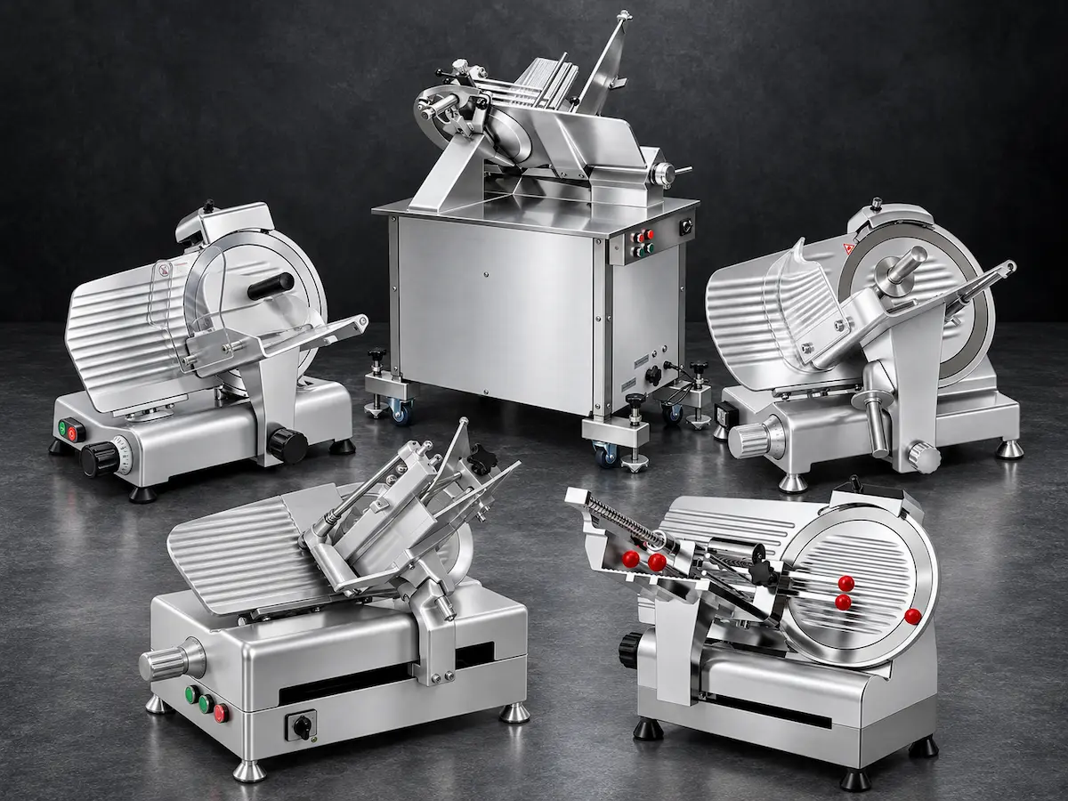 Commercial meat slicer range with semi-automatic and automatic models