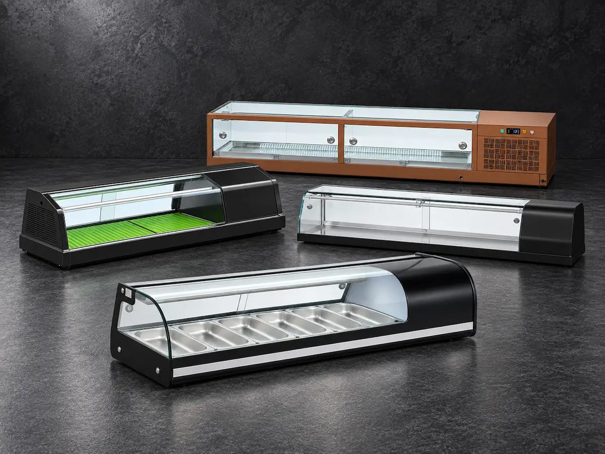 Commercial refrigerated sushi case range with double-arc, rectangular, GN-pan and traditional display formats