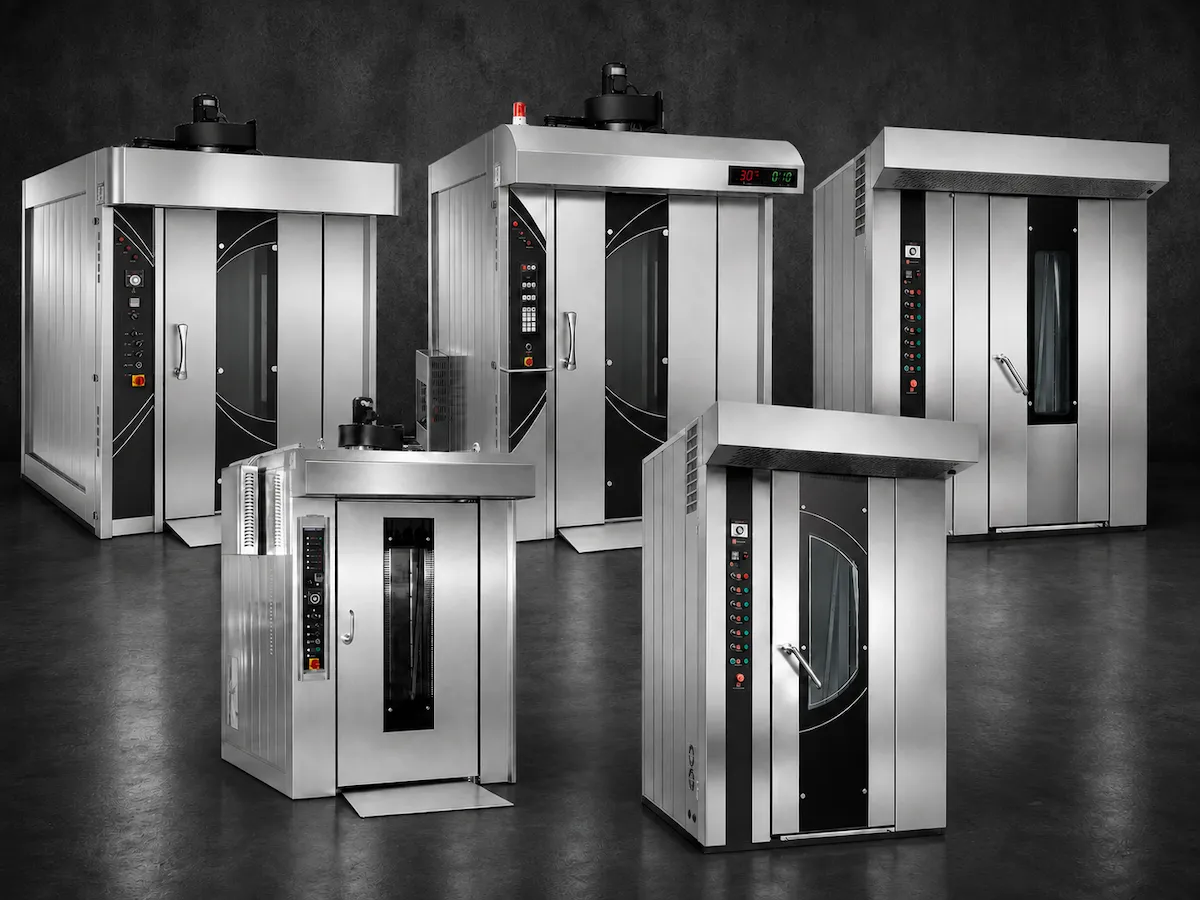 Rotary rack oven range with electric, gas and diesel models