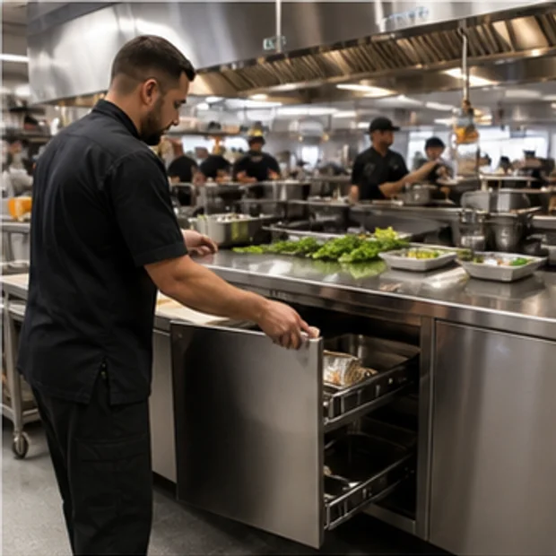 Stainless Steel Kitchen Cabinet in an active commercial workflow