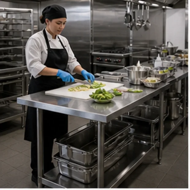 Chef using a stainless steel work table within an occupied commercial kitchen workflow