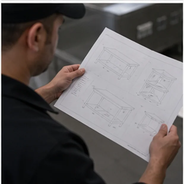 Commercial kitchen team reviewing an abstract work table drawing beside the installed station