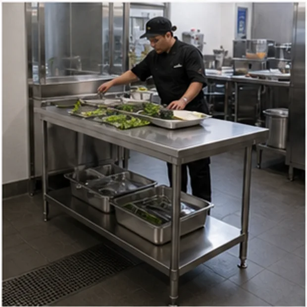 Occupied stainless steel workstation showing surface use and organized lower storage
