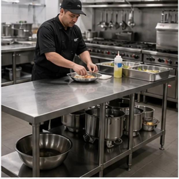 Chef working across a stainless steel table with containers and adjacent kitchen equipment