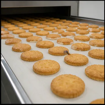 Processed bakery products moving on a carrier