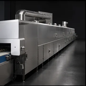 Commercial tunnel oven and continuous bakery product flow in a technical production setting