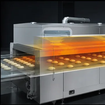 Bakery products arranged on a food-safe carrier entering a tunnel oven