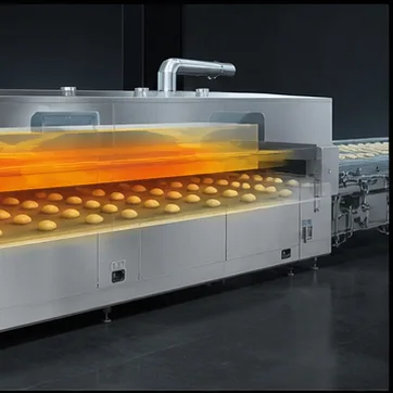 Tunnel oven showing a qualitative continuous product path through the process chamber